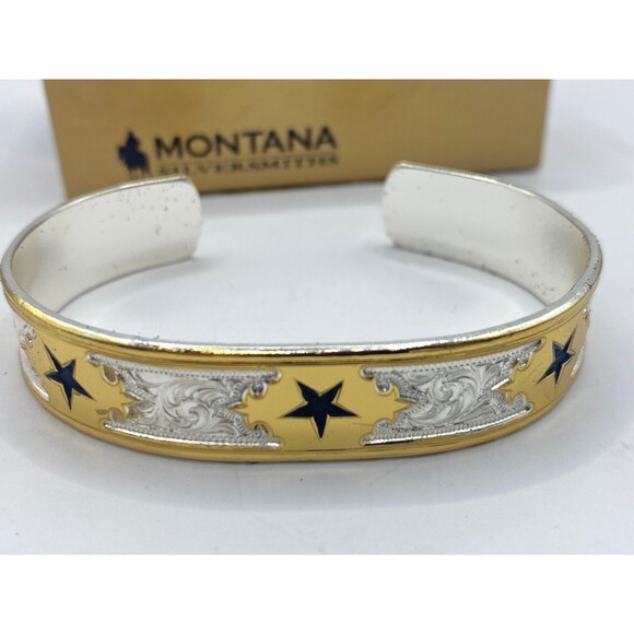 Vtg Montana Silversmiths Engraved Cuff Bracelet Western 5 Stars